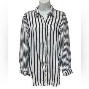 Zara Striped Blouse‎ Button Down Shirt Size S Navy Blue White Nautical Classic